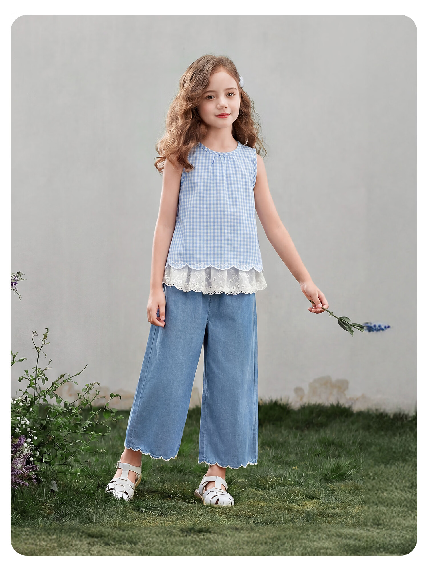 JELLYBABY French Lace Sleeveless Fashion Set New Summer Girls' Vest/Strap Top + Long Pants for Older Kids 19