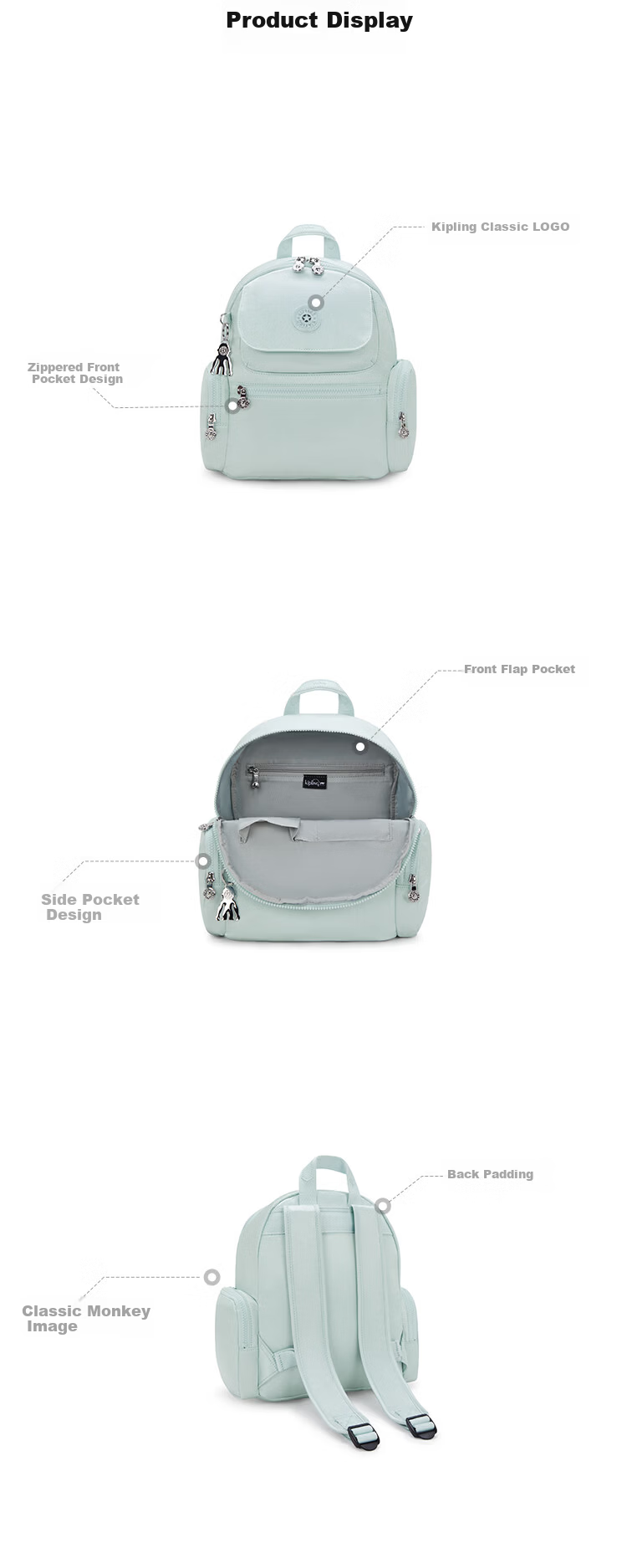 Kipling 2026 Student Backpack Multi-Compartment Shoulder Bag Monkey Bag MATTA Glacier Blue Birthday Gift 3