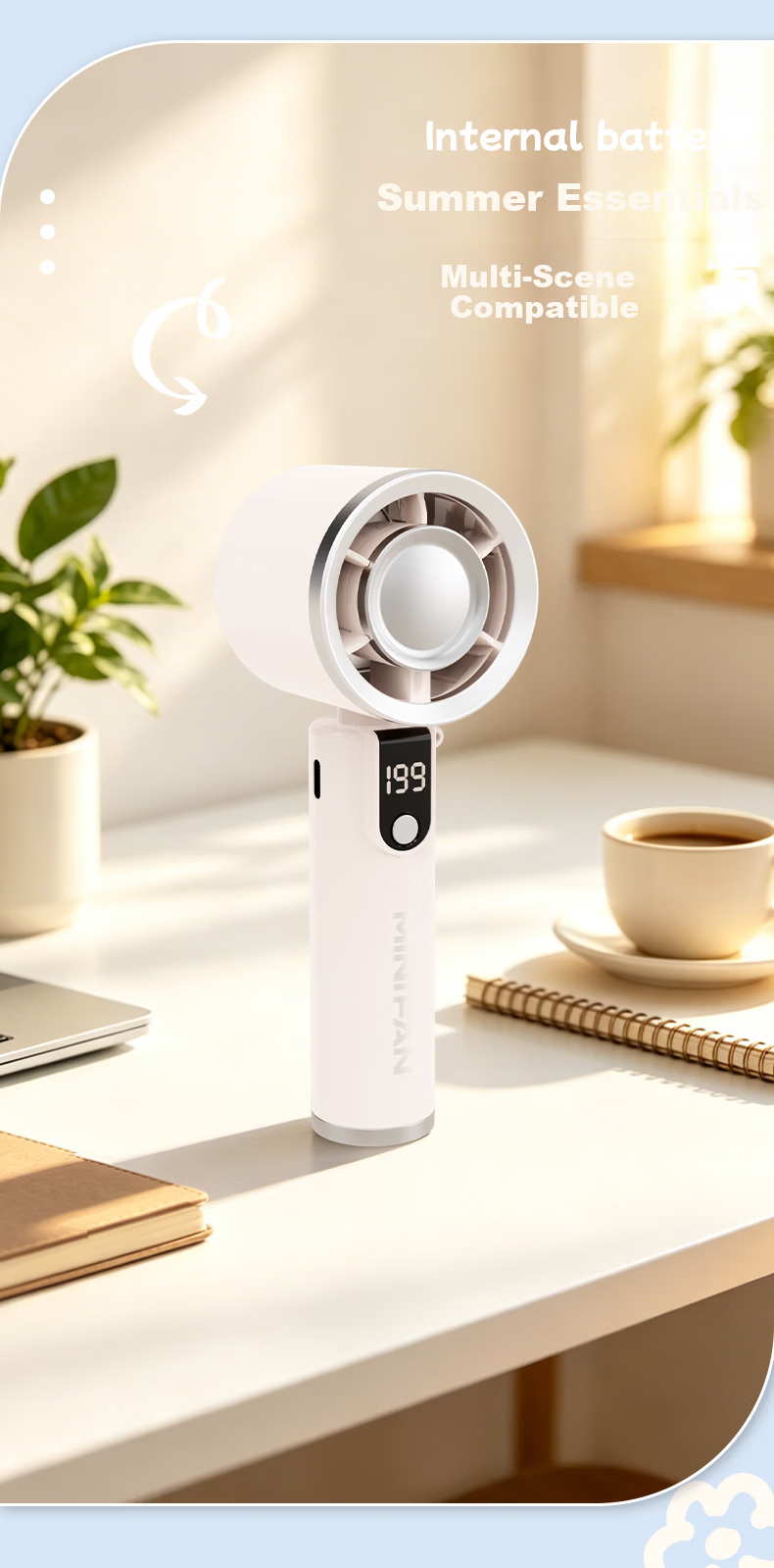 Siyi Cai Small Fan Desktop Bed Handheld USB Rechargeable Quiet Portable Mini Table Fan with Digital Display Dormitory Sky Blue 8