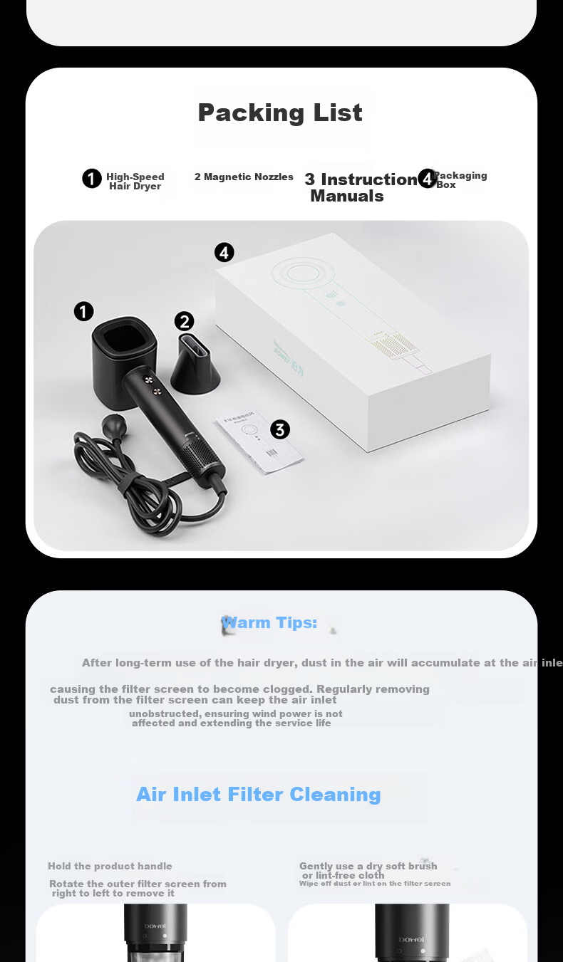 BOWEI Intercontinental Hotel High-Speed Hair Dryer B16 Home Use Low Noise High Power Quick Drying Negative Ion Leafless Hair Dryer Birthday Gift 13