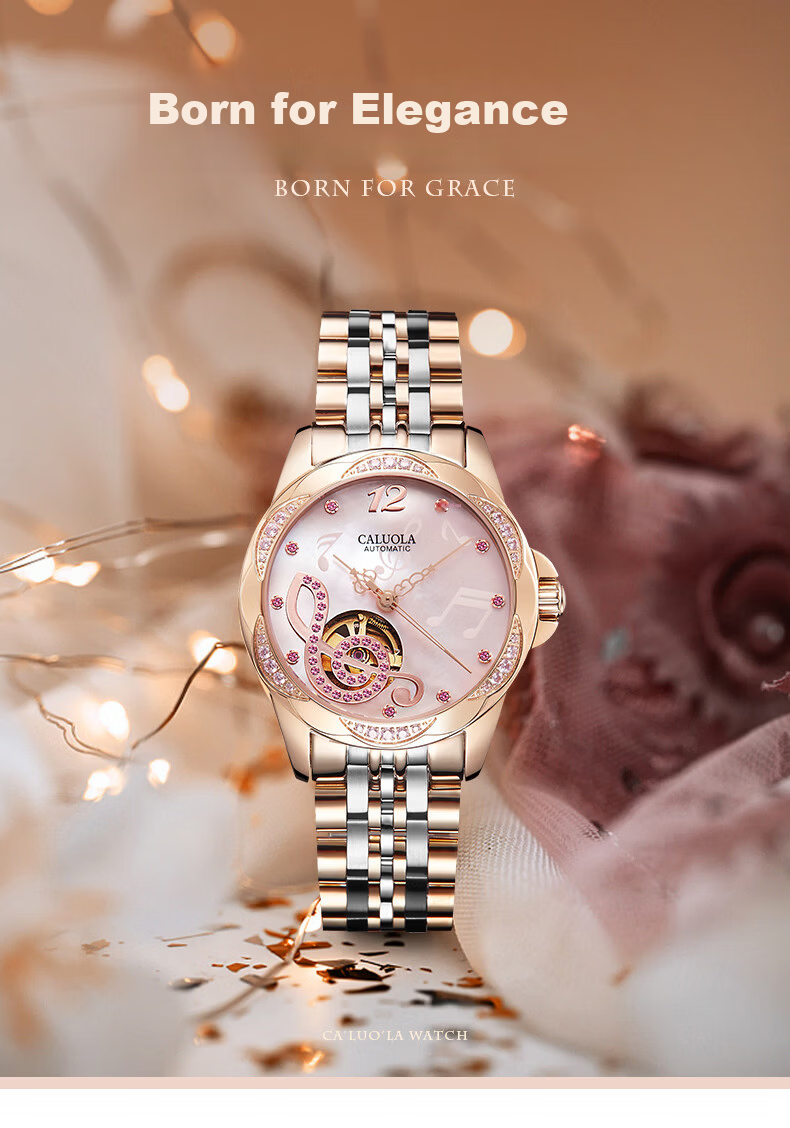 CALUOLA Carola Fully Automatic Mechanical Women's Watch Diamond-Studded Hollow Note Stainless Steel Fashion Waterproof Trendy Ladies Watch 1