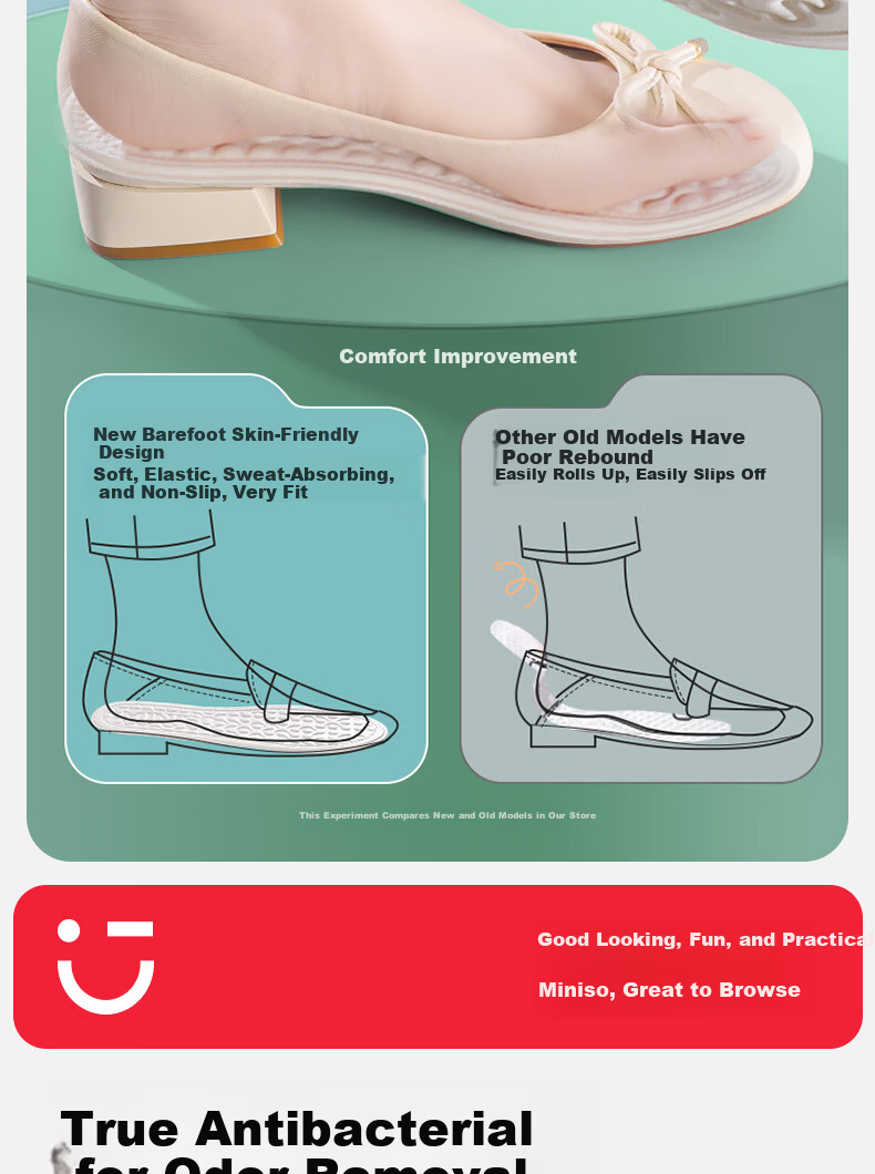 MINISO 2 Pairs Antibacterial Deodorant Shock Absorption Sports Insoles Arch Support Men's Soft Elastic Breathable Long-Standing Comfortable Size 45-46 10
