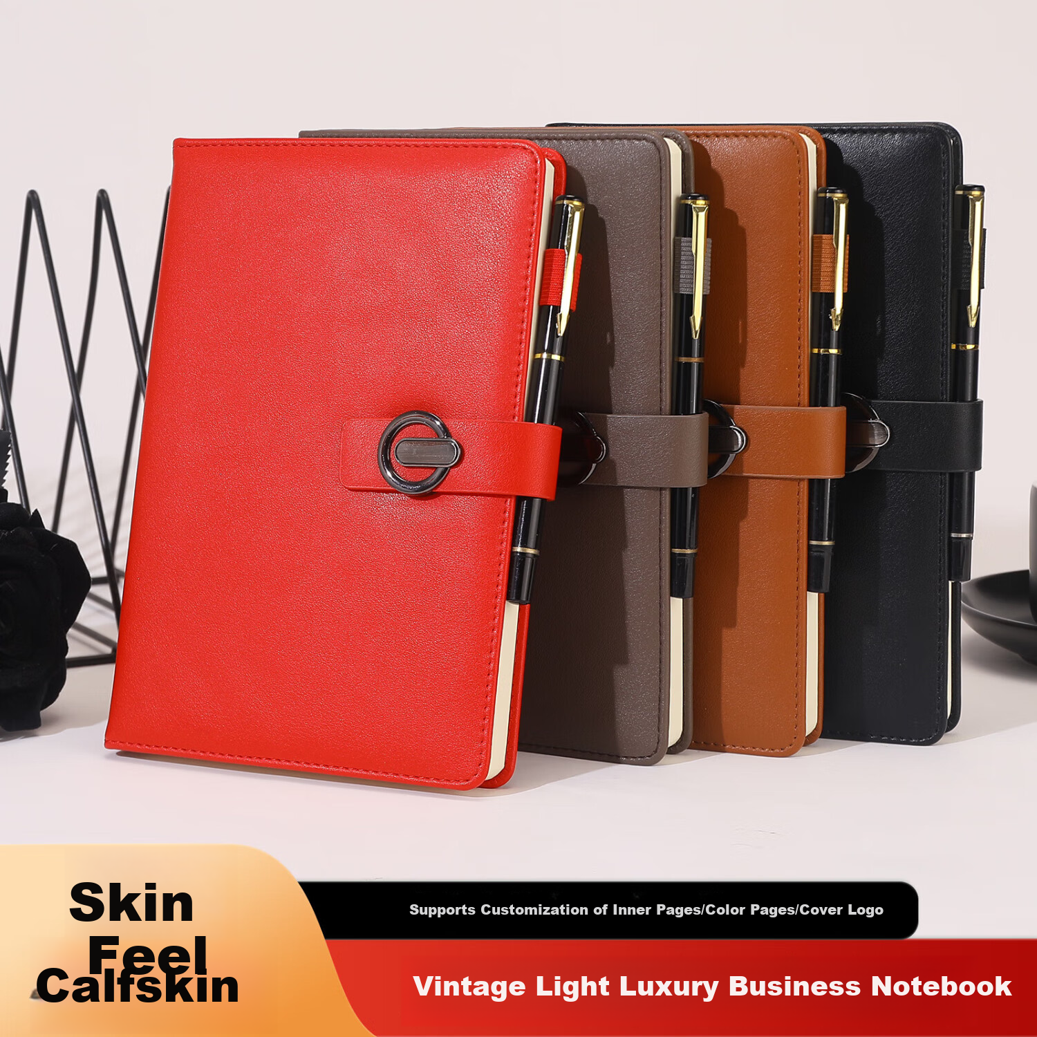 Aohuan Vintage Luxury Buckle Leather A5 Business Office Notebook 200 Pages Thickened Customizable Meeting Notes Copper Brown