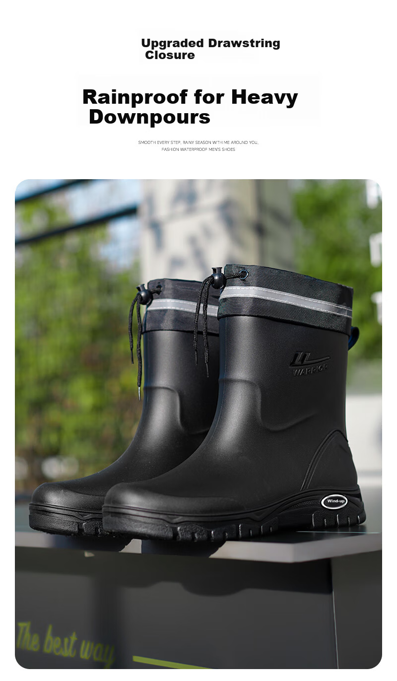 Warrior Men's Mid-Calf Waterproof Non-Slip Rain Boots Outdoor Work Car Wash Delivery Fishing Durable Rain Shoes 5388 Red Size 44 5