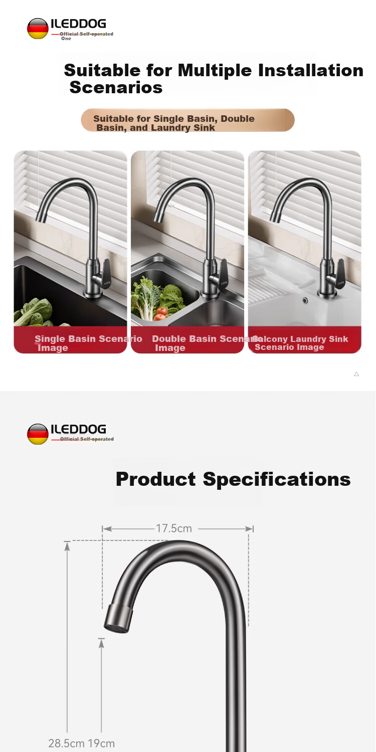 ILeddog [Germany] Kitchen Faucet Single Cold Sink Basin Swivel Pressurized Splash-Proof CFLT-DL 13