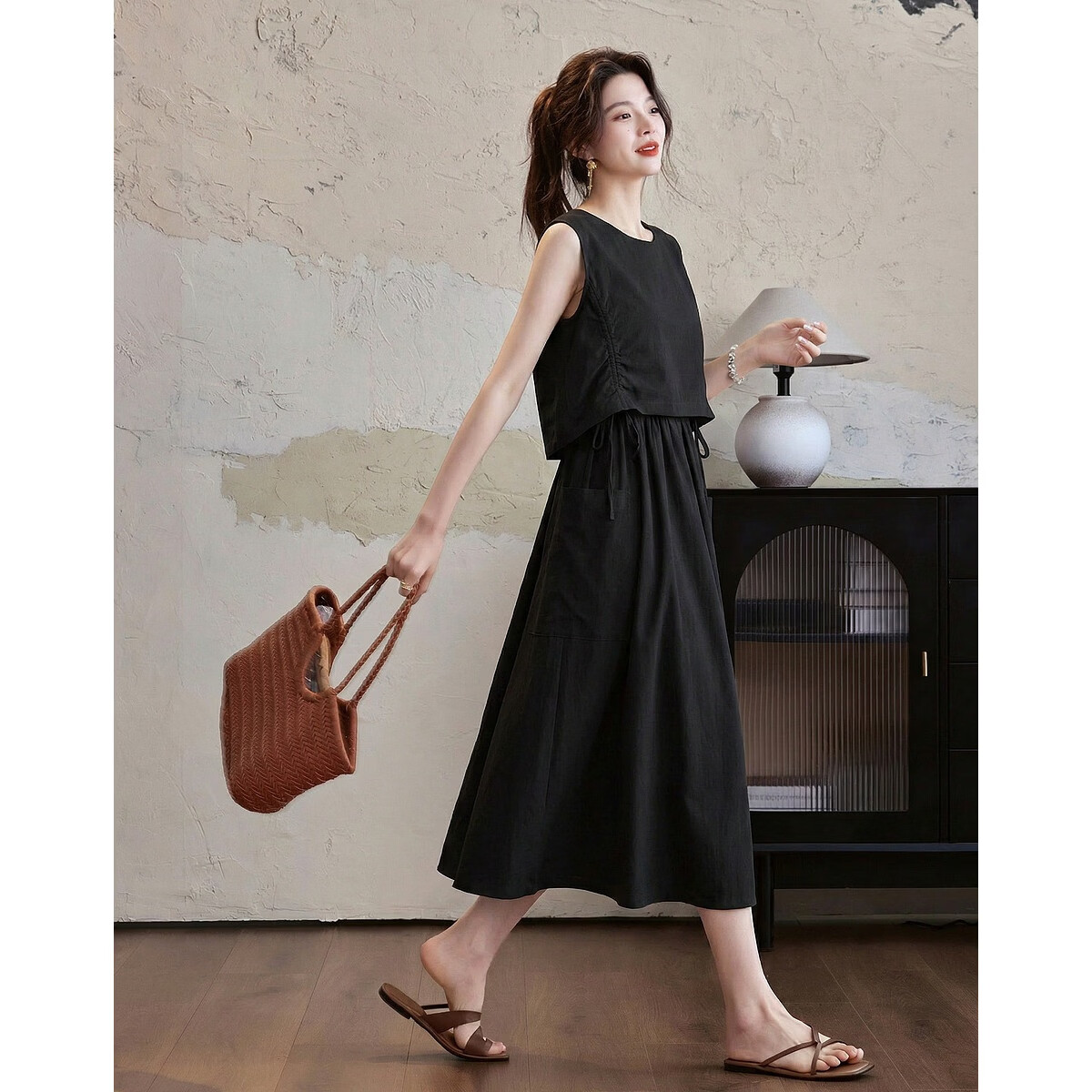 Demana Quick-Dry Sun Protection Series Summer Lightweight Outdoor Two-Piece Style Drawstring Sleeveless Loose Slim Casual Women's Dress