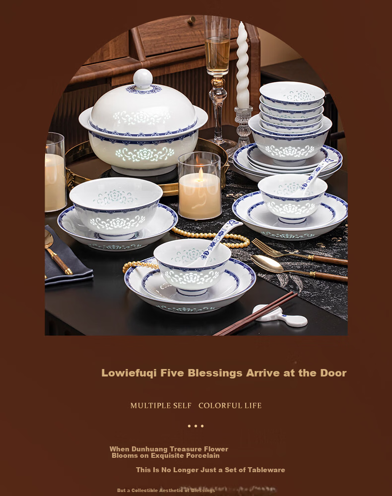Lowei Blue and White Linglong Ceramic Dinnerware Set Jingdezhen Light Luxury Premium Housewarming Gift Bowl Plate Set for Home Use 25