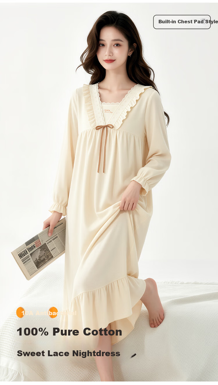 Nanjiren 2026 New Women's Cotton Nightgown with Chest Pad Summer Long Sleeve Princess Style Homewear Pajamas 1