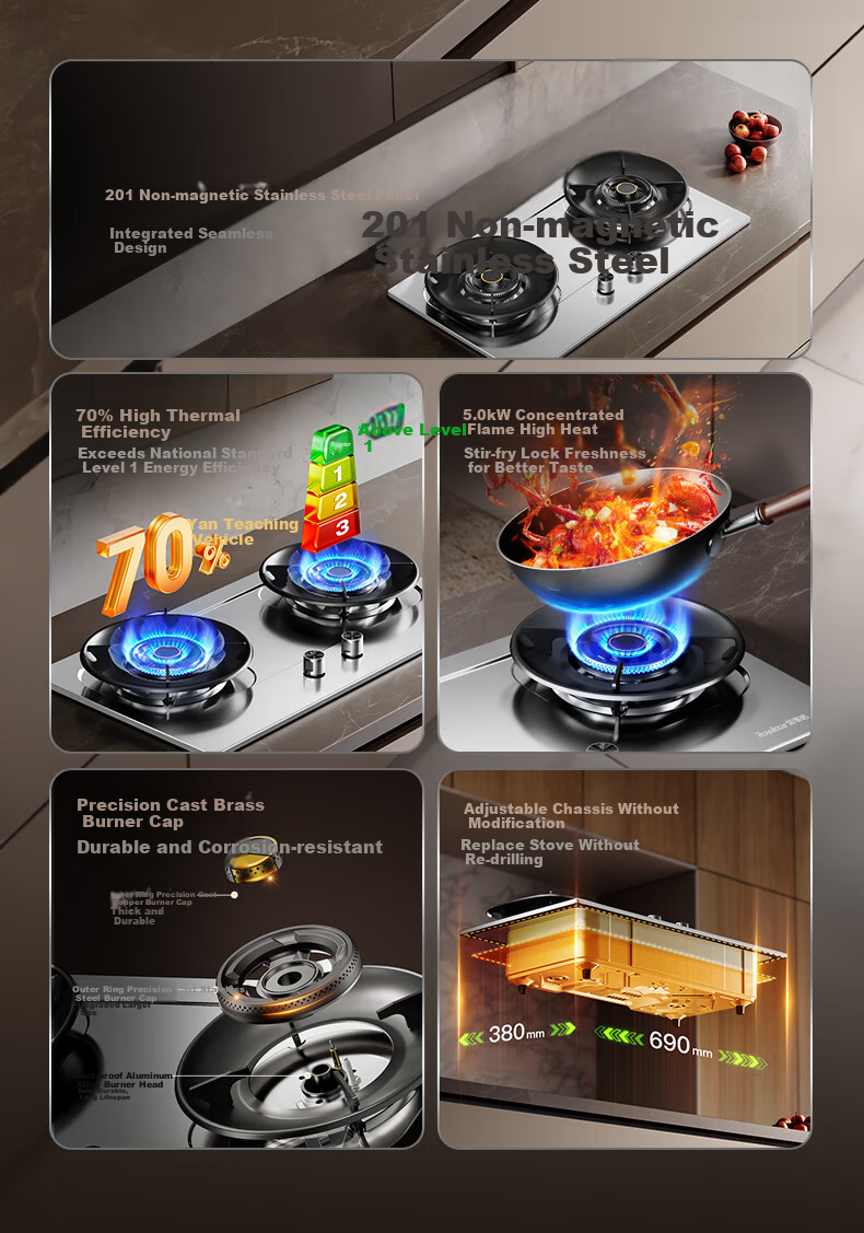Royalstar Extraordinary Series Gas Stove Household Liquefied Gas Stainless Steel Double Burner Built-in High Flame Stove Desktop First-Level Energy Efficiency 70% Thermal Efficiency JZY-S51G 2