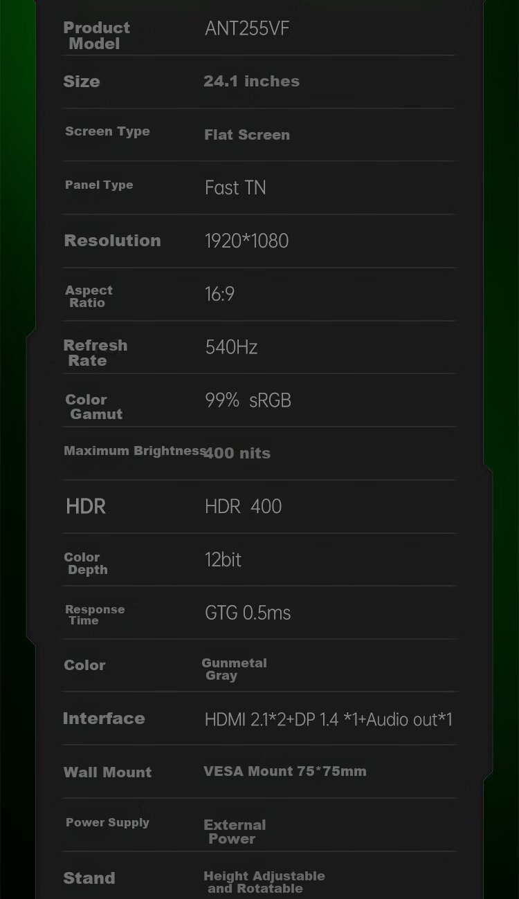 ANTGAMER Ant Esports 24.1-inch 540Hz E-TN Panel Monitor GTG 0.5ms Response Ultra High Refresh HDR400 Fearless Contract Professional Monitor ANT255VF 13