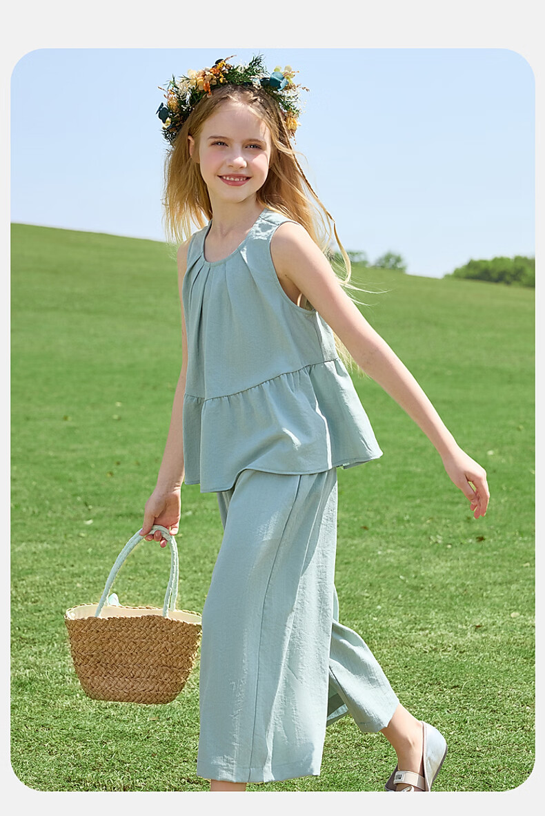 ASK JUNIOR Girls' Summer Set Youth Sleeveless Tank Top and Straight Wide-Leg Pants Two-Piece Green 170 21