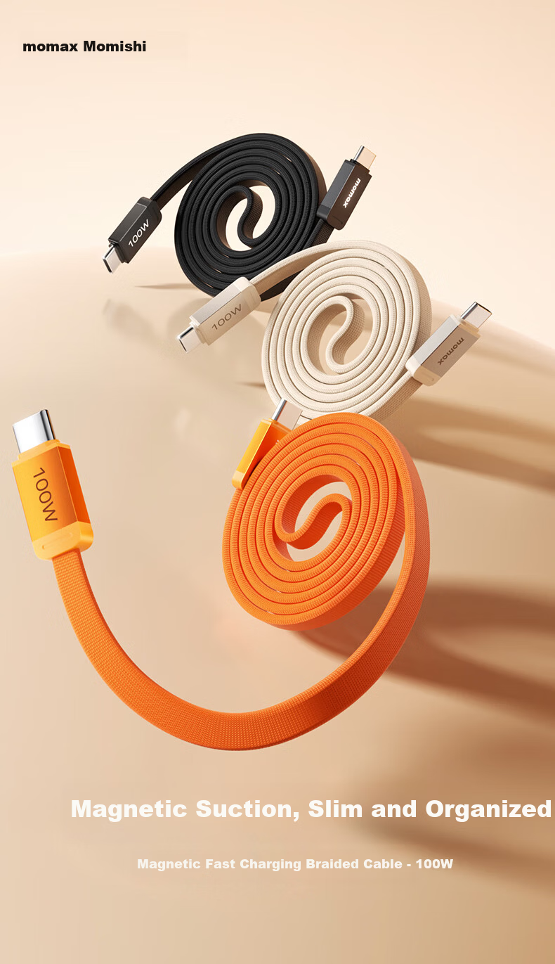MOMAX Magnetic Type-C Charging Cable PD100W Fast Charge Car CTC Braided Magnetic Storage Compatible with Apple iPhone 17/16/iPad/Laptop/Tablet Xiaomi Black 1