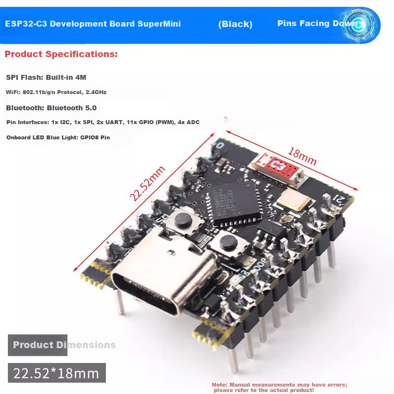 ZAVE ESP32-C3 Development Board SuperMini (Black) with Downward Solder Pins