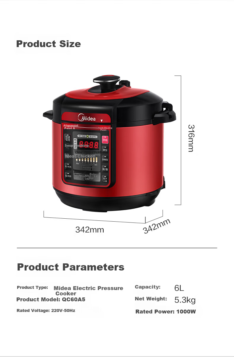 Midea 6L Electric Pressure Cooker, Large Capacity, 7 Adjustable Pressure Levels, Household Rice Cooker for 5-8 People, Fully Automatic Smart Reservation, Open-Lid Cooking, Soup and Rice Cooker MY-QC60 11