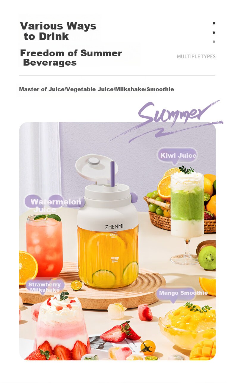 Zhenmi Portable Juicer Small Household Multifunctional Wireless Rechargeable Electric Fruit Juicer Cup J15 Price Protection 618 8