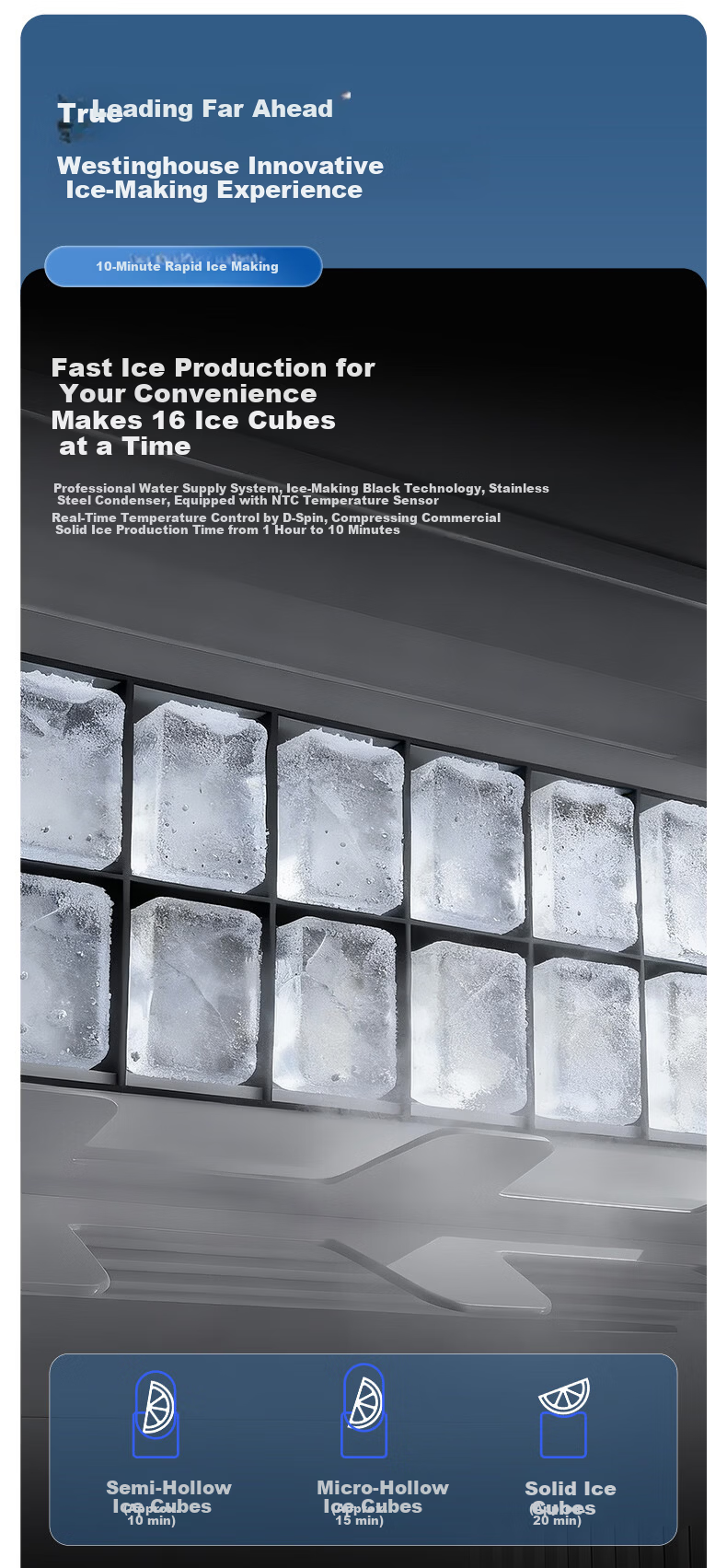 Westinghouse Home and Commercial Ice Maker Solid Cube Small Fully Automatic Fast Ice Maker UV Sterilization Whiskey Cocktail Companion Ice Machine WH-16F 10