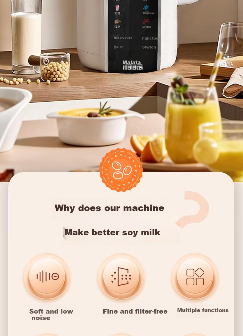 Malata Upgraded Blender Soy Milk Maker Quiet Noise Reduction Multifunctional Home Voice Broadcast Fully Automatic No Cooking No Filtering Whole Grain Large Capacity 2L 2