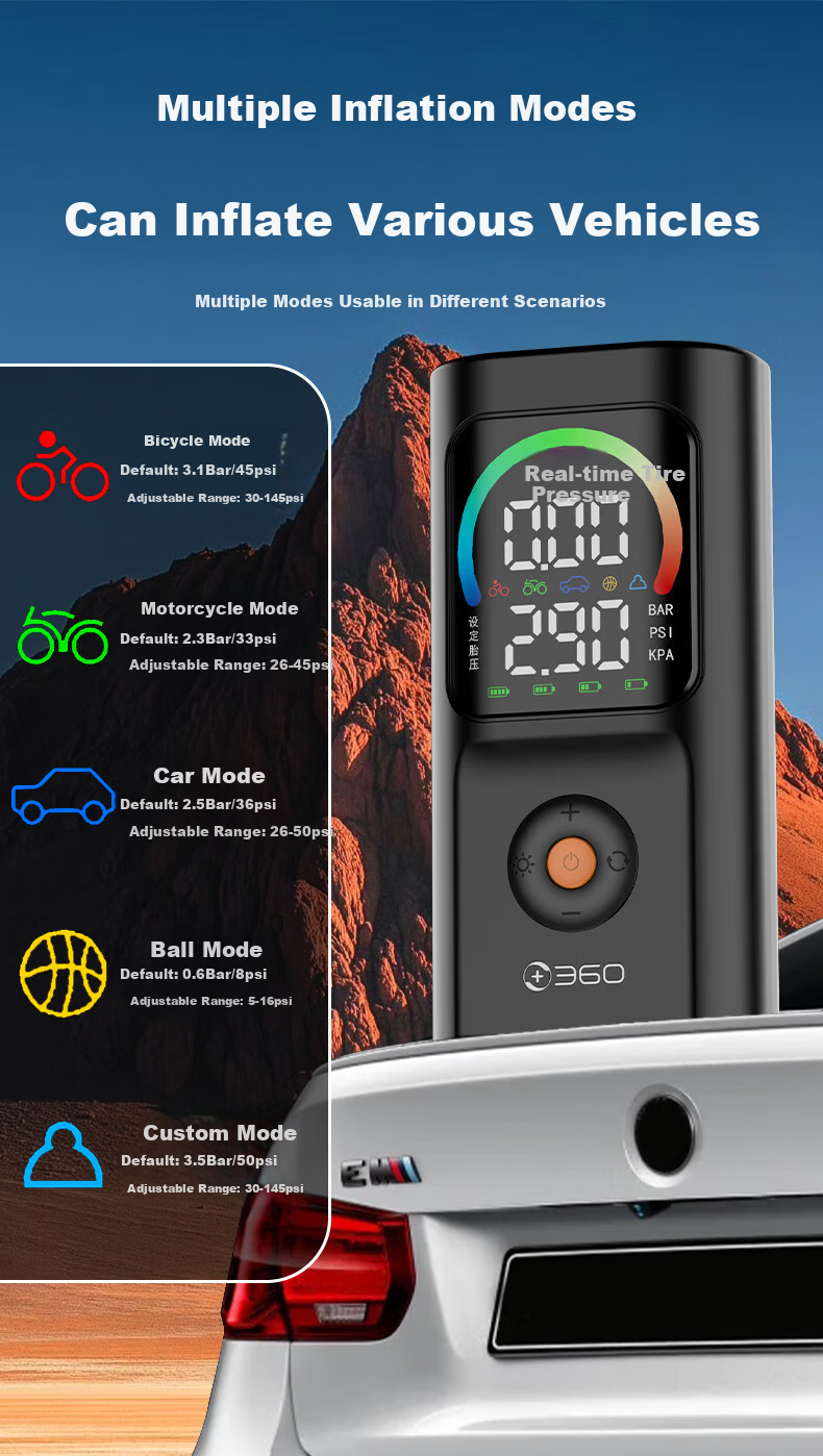 360 Car Inflator HQ30 Color Screen Wireless Portable Electric Air Pump for Car and Bicycle Tire Pressure Measurement 9