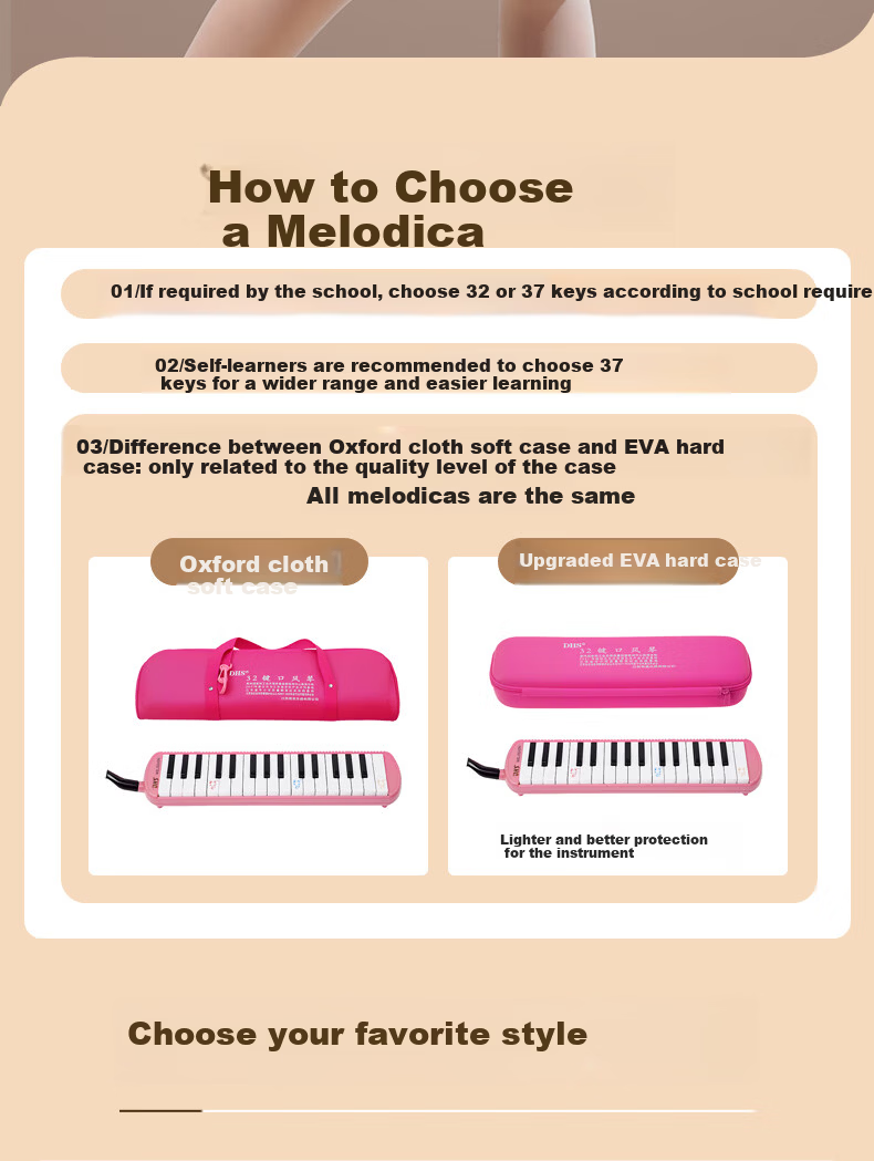 DHS Classroom Musical Instrument 32-Key DHS Melodica Pink Canvas Soft Case with Blowpipe Mouthpiece and Teaching Materials 8