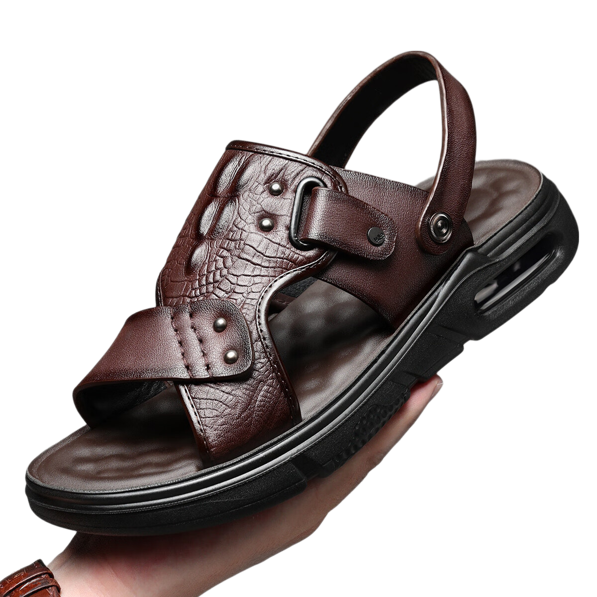 PLAYBOY Men's Leather Sandals, Genuine Leather Summer Dad Shoes, Dual-Use Beach And Outdoor Sandals, Lightweight Air Cushion, Dark Brown, Size 44