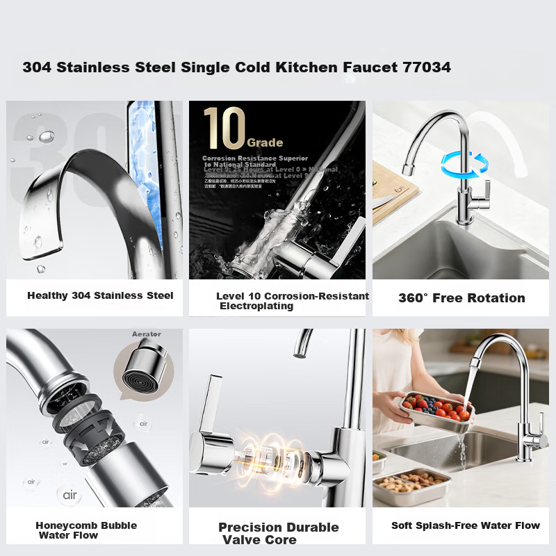 JOMOO Kitchen Sink Faucet Stainless Steel Single Cold Quick-Open Swivel Tap 77034