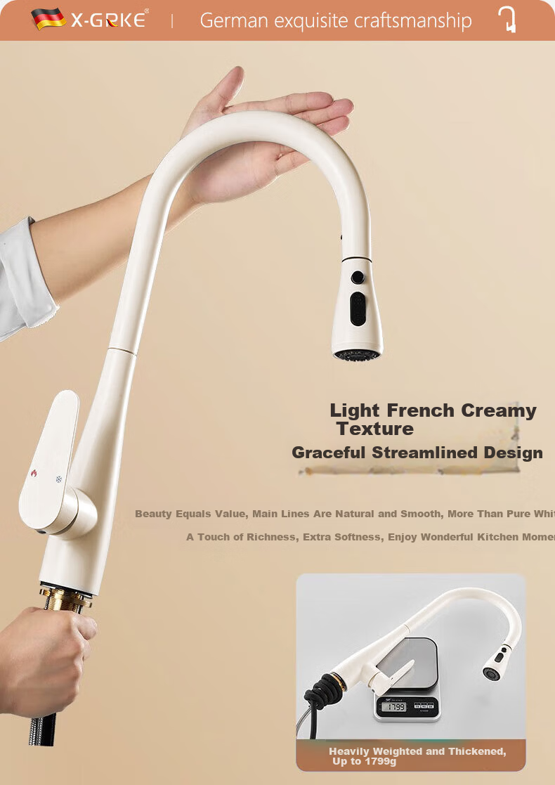 X-GRKE German Kitchen Faucet Hot and Cold Two-in-One Sink Faucet Three-Mode Pull-Out Kitchen Faucet 10