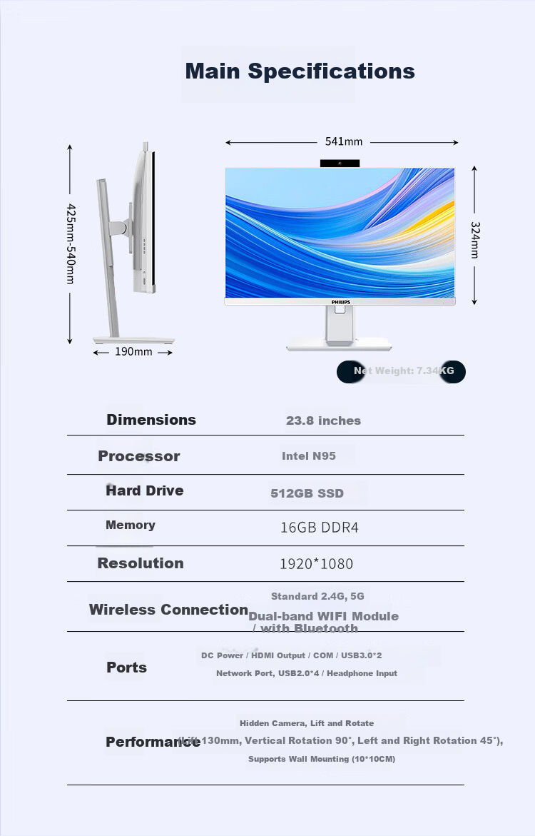 PHILIPS 23.8-inch Desktop All-in-One Business Computer Online Learning Office Built-in Speakers (Intel N95 16GB 512GB Wireless Keyboard and Mouse Black) 14