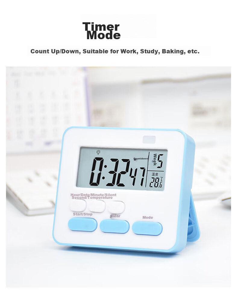 Futang Student Timer, Quiet Time Management Device, Kitchen Timer, Alarm Clock with Weekdays, Temperature Display, Three-Quarter Screen, White 4