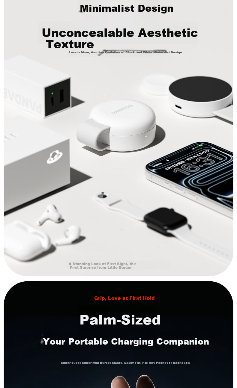 Meizu PANDAER Mini Burger 3-in-1 Portable Wireless Charger for iPhone/Apple Watch/Earbuds, 15W Fast Wireless Charging, Magnetic iWatch Compatible 3