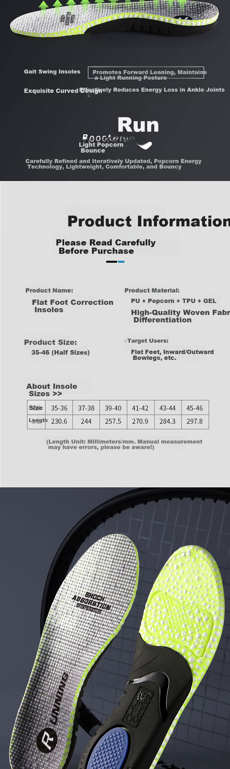 Footprint Tribe Sports Insoles Popcorn Shock Absorption Soft Elastic Long-Standing Fatigue Relief TPU Arch Support 1 Pair Size 43-44 5