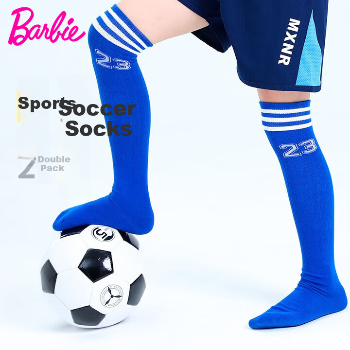 Barbie Kids Soccer Socks Spring and Autumn High Tube Sports Socks Boys Basketball Socks Mid Tube Over-the-Knee Socks White+Blue 2 Pairs Set
