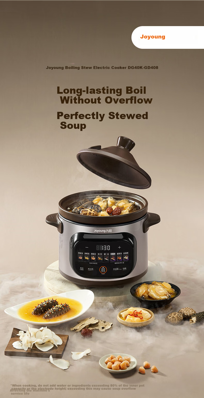 Joyoung 4L Electric Slow Cooker Purple Clay Pot Multi-Function Smart Timer Stew Porridge Soup Pot DG40K-GD408 2