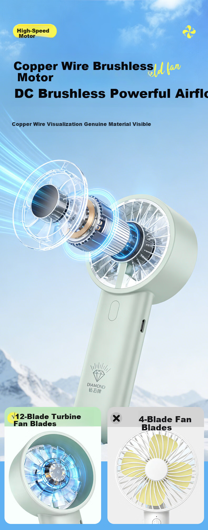 Diamond Brand Handheld Mini Fan High-Speed Energy-Saving Portable Rechargeable Quiet Powerful Outdoor Personal Fan for Students Dormitory Back to School 6