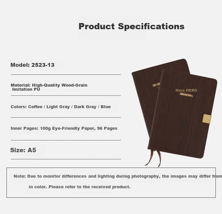 HERO New A5 Business Notebook Thickened Hard Cover Leather High-End Gift Meeting Office Stationery Lined Tearable Diary Journal Clip 1