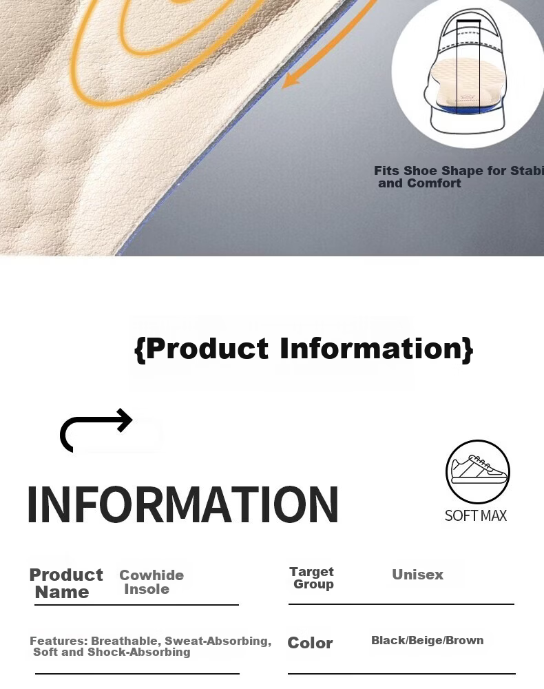 Footprint Tribe Men's Genuine Leather Cowhide Thickened Insoles Sweat-Absorbing Odor-Resistant Breathable Sports Shock-Absorbing Soft Cushioned Insoles for Long Standing Comfort 8
