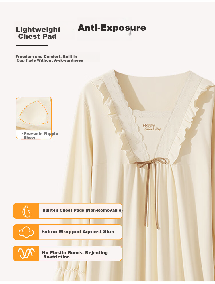 Nanjiren 2026 New Women's Cotton Nightgown with Chest Pad Summer Long Sleeve Princess Style Homewear Pajamas 2