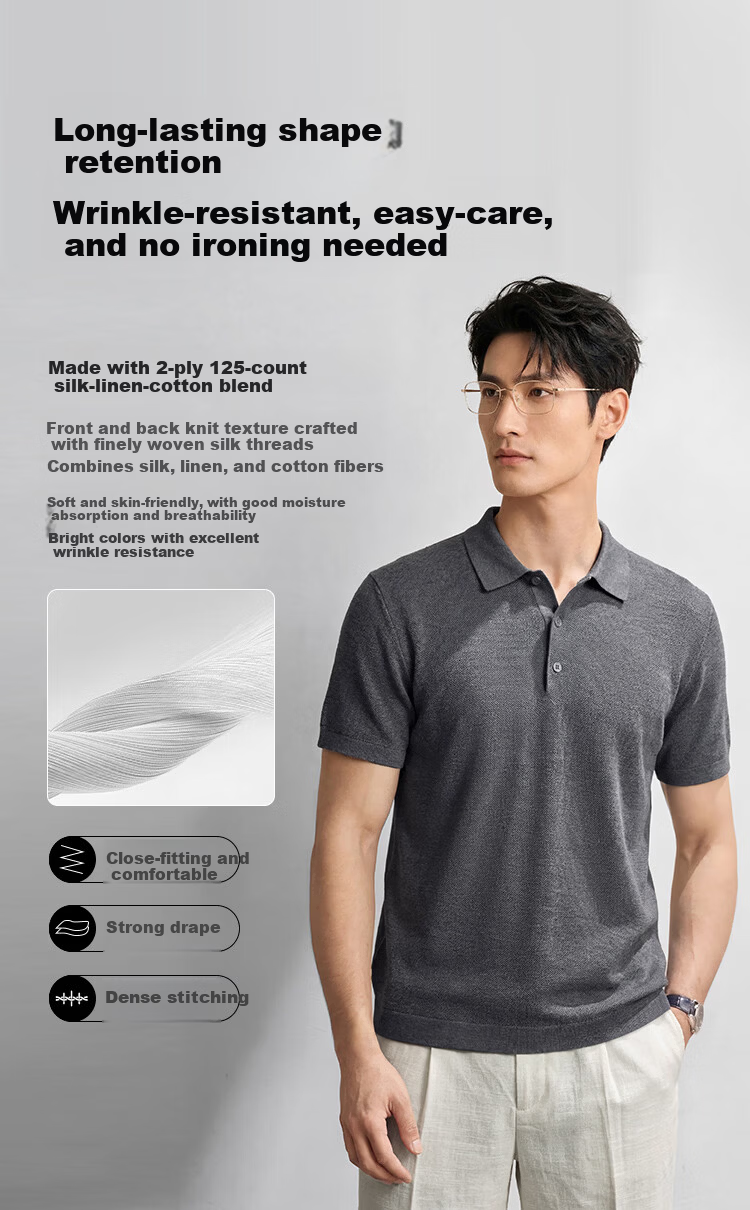JD Jingzao Men's Premium Short Sleeve T-Shirt Silk Linen Cotton Polo Shirt Mulberry Silk Summer New Father's Day Gift Frost Apricot M 3