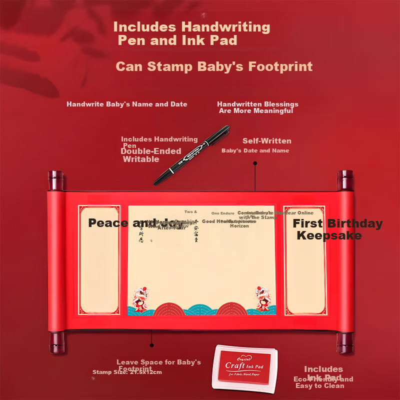 Domeyi First Birthday Decoration Complete Set with Hand and Footprint Scroll Baby 1st Year Hundred Days Commemorative Gift