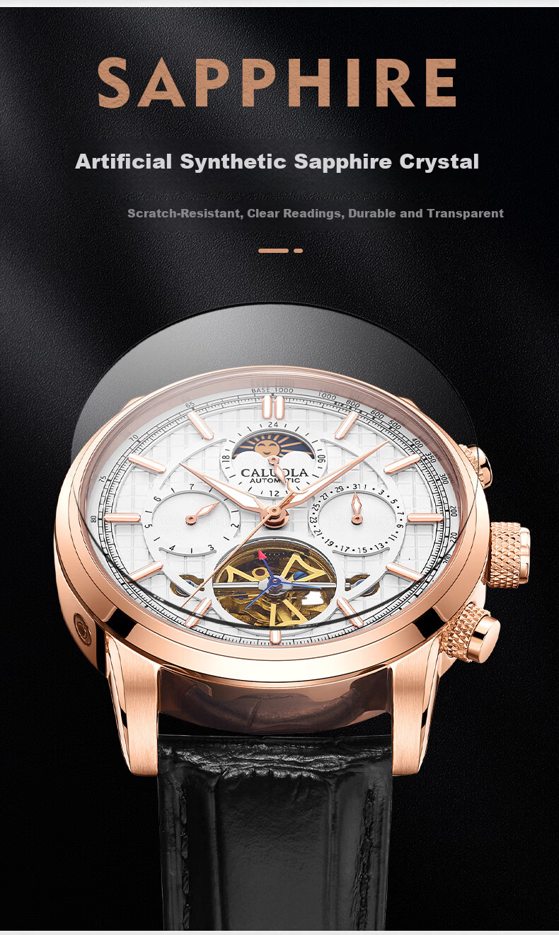 CALUOLA Men's Automatic Mechanical Watch Multifunction Leather Strap Fashion Business Wristwatch Birthday Gift 3