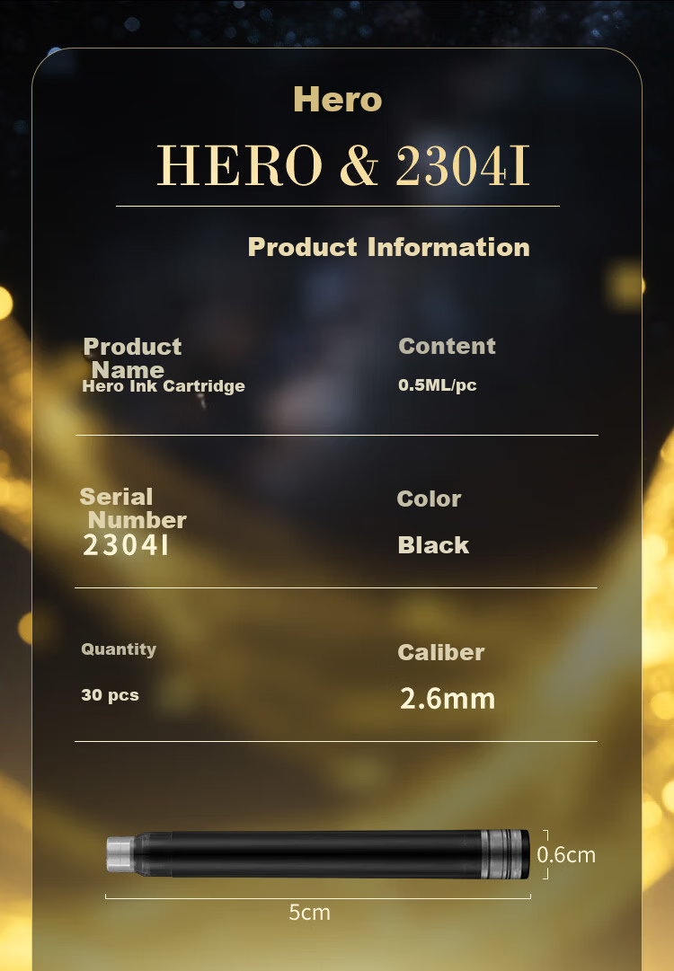 HERO High-Grade Fountain Pen Ink Cartridges 2.6mm Diameter Ink Refills 30pcs Metal Box Black 9