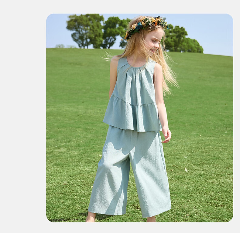 ASK JUNIOR Girls' Summer Set Youth Sleeveless Tank Top and Straight Wide-Leg Pants Two-Piece Green 170 25