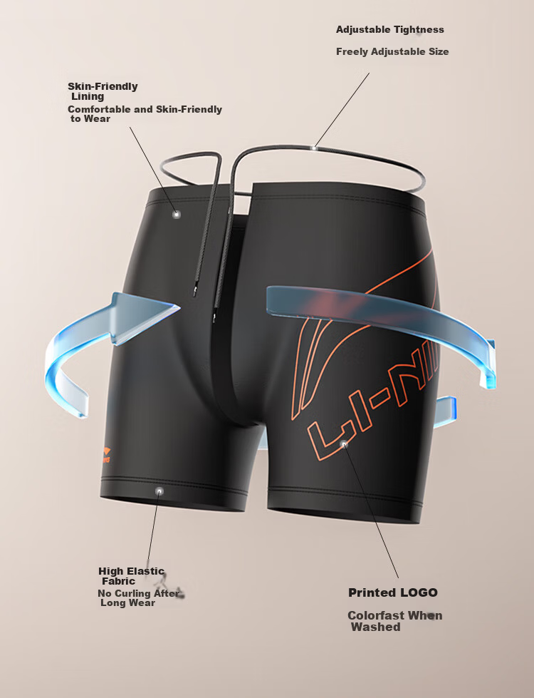 LI-NING Men's Quick-Dry Chlorine-Resistant High-Elasticity Comfortable Square Leg Swim Trunks 820 Black Pink L 8