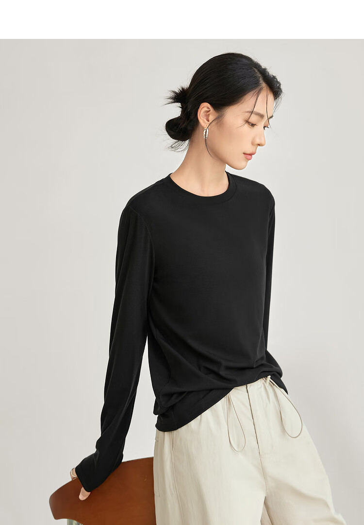 Woodpecker Women's Long Sleeve Base T-Shirt, Spring Autumn New Versatile Slim Fit Casual Top, Black, L 1
