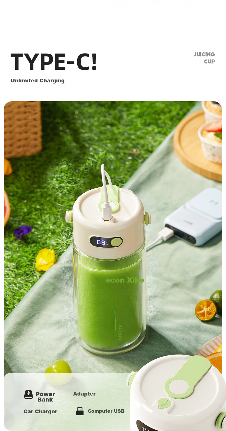 Xike Portable Juicer Double-Layer Glass Insulated Ice-Crushing Juice Cup Small Household Multifunctional Wireless Rechargeable Electric Fruit Blender with Dual Lids GZ4506 8