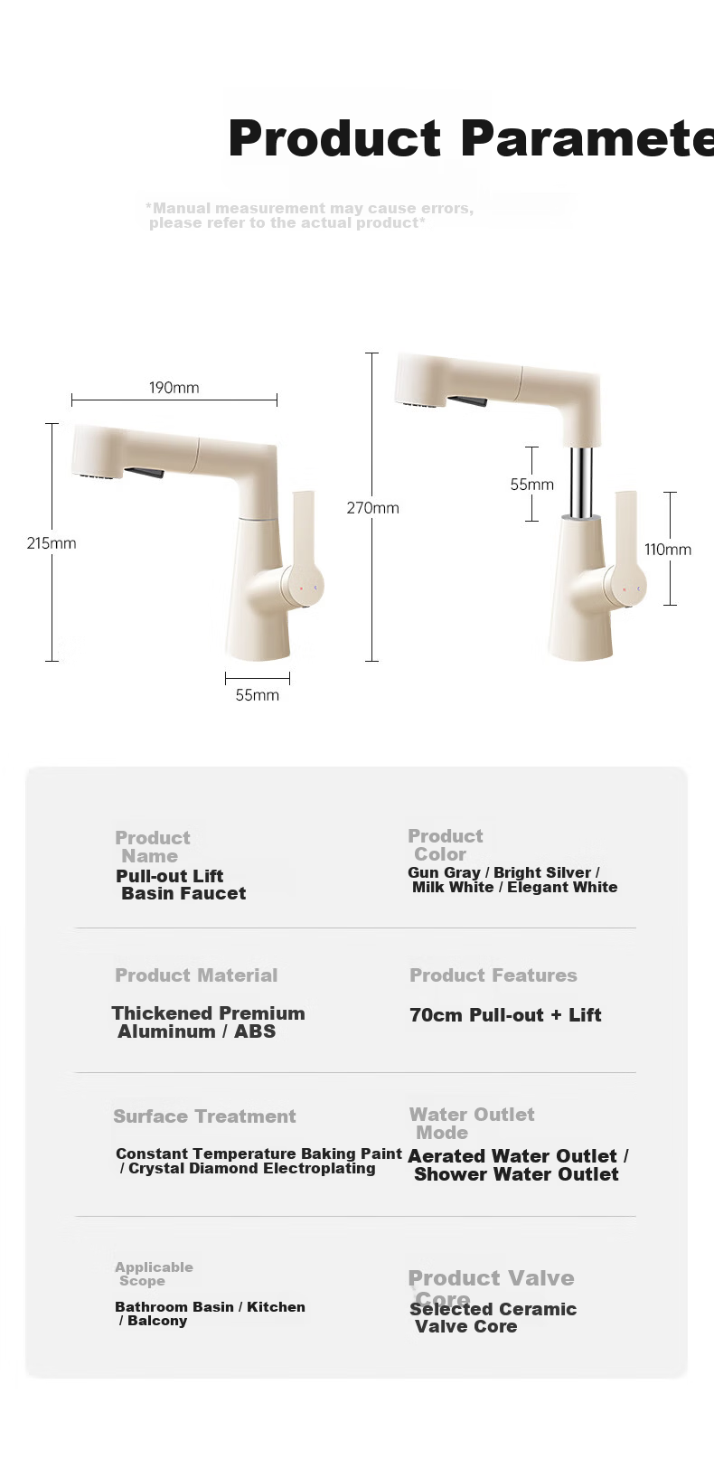 Baihan Aluminum Alloy Bathroom Faucet Pull-Out Hot and Cold Basin Tap 25