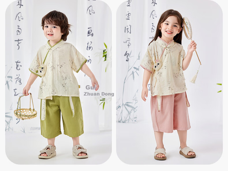 Dudu Baby New Chinese Style Summer Set Children's National Style Two-Piece Boys Short Sleeve Girls Shorts Summer Outfit Pink 90cm 21
