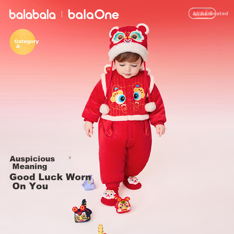 Balabala [balaOne] Baby Cotton-Padded Romper Red New Year Greeting Outfit Infant Clothing