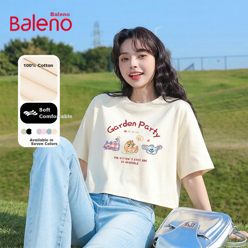Baleno Korean Style Women's Short Sleeve T-Shirt 2026 Summer New Pure Cotton Cropped Cute College Style Loose Casual Top