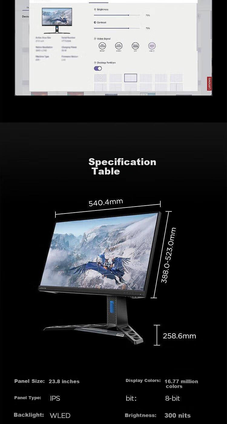 Lenovo 23.8-Inch 180Hz High Refresh Rate Gaming Monitor IPS Panel 1ms GTG Dual Interface Height Adjustable Rotatable Low Blue Light 99% SRGB Computer Display R24e 11