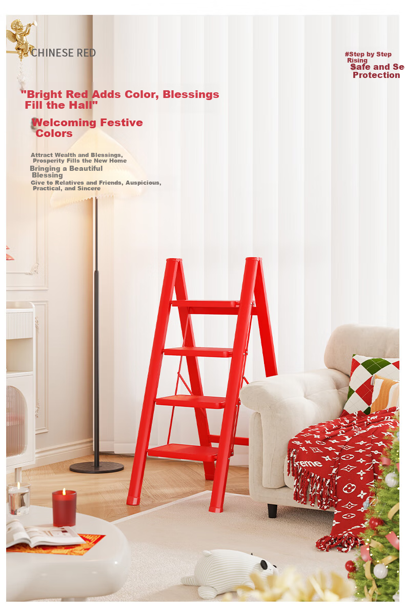 Hakkai Bird Household Folding Three-Step Ladder Thickened Telescopic Red Step Ladder for Housewarming 1
